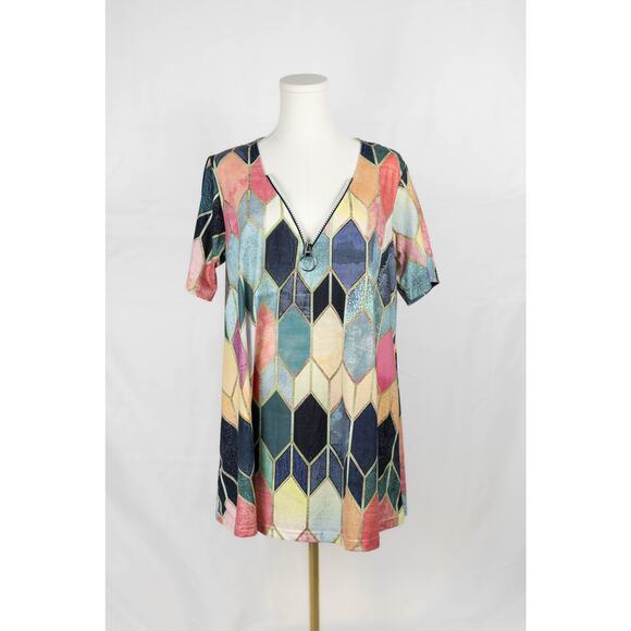 Womens Large Blouse Zipper Neckline Geometric Pattern Blue Yellow - Picture 1 of 4